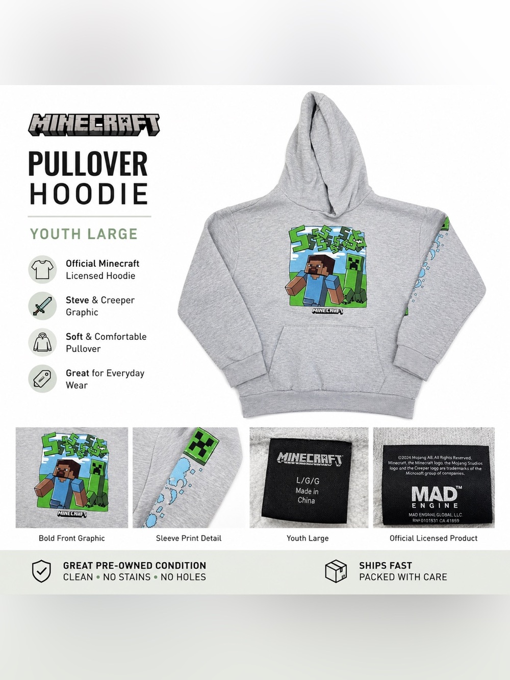 Official Minecraft Steve & Creeper Youth Gray Pullover Hoodie